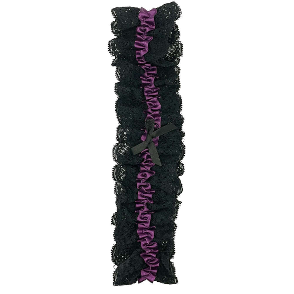 Popsi Lingerie Lace Garter Black OS featuring elegant black lace with purple accents and ruffled details.