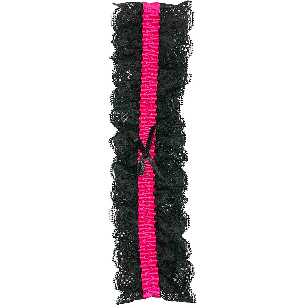 Popsi Lingerie Lace Garter Black and Hot Pink One Size with lace and ruffled design for a playful lingerie look.