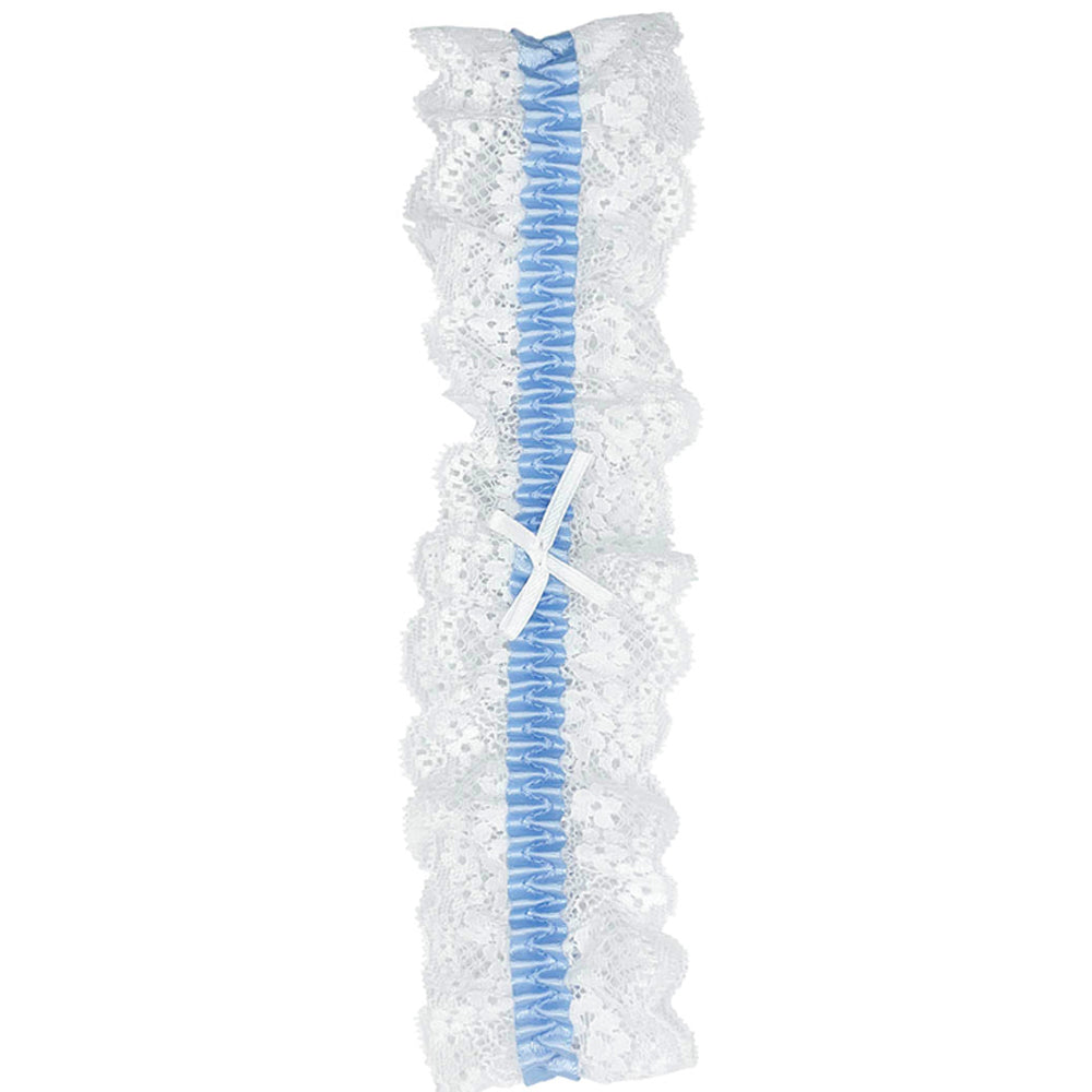 Popsi Lingerie White and Blue Lace Garter One Size with delicate lace and blue ribbon accents.