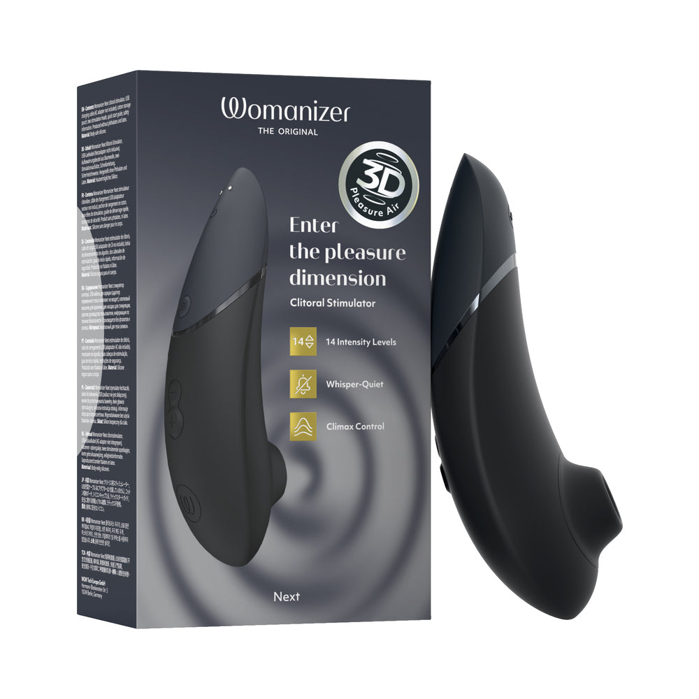 Womanizer Next Air Suction Stimulator Black in packaging with features and design details highlighted.