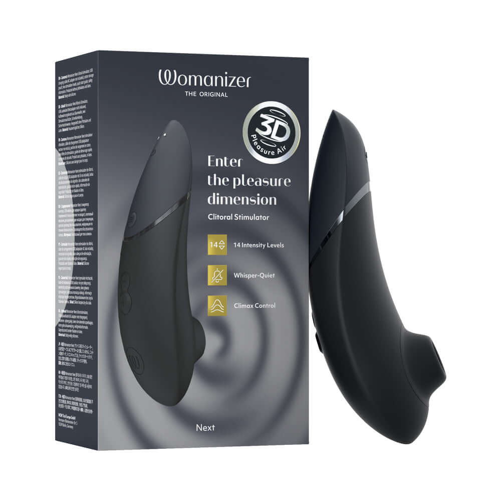 Womanizer Next Air Suction Stimulator Black in packaging with features and design details highlighted.