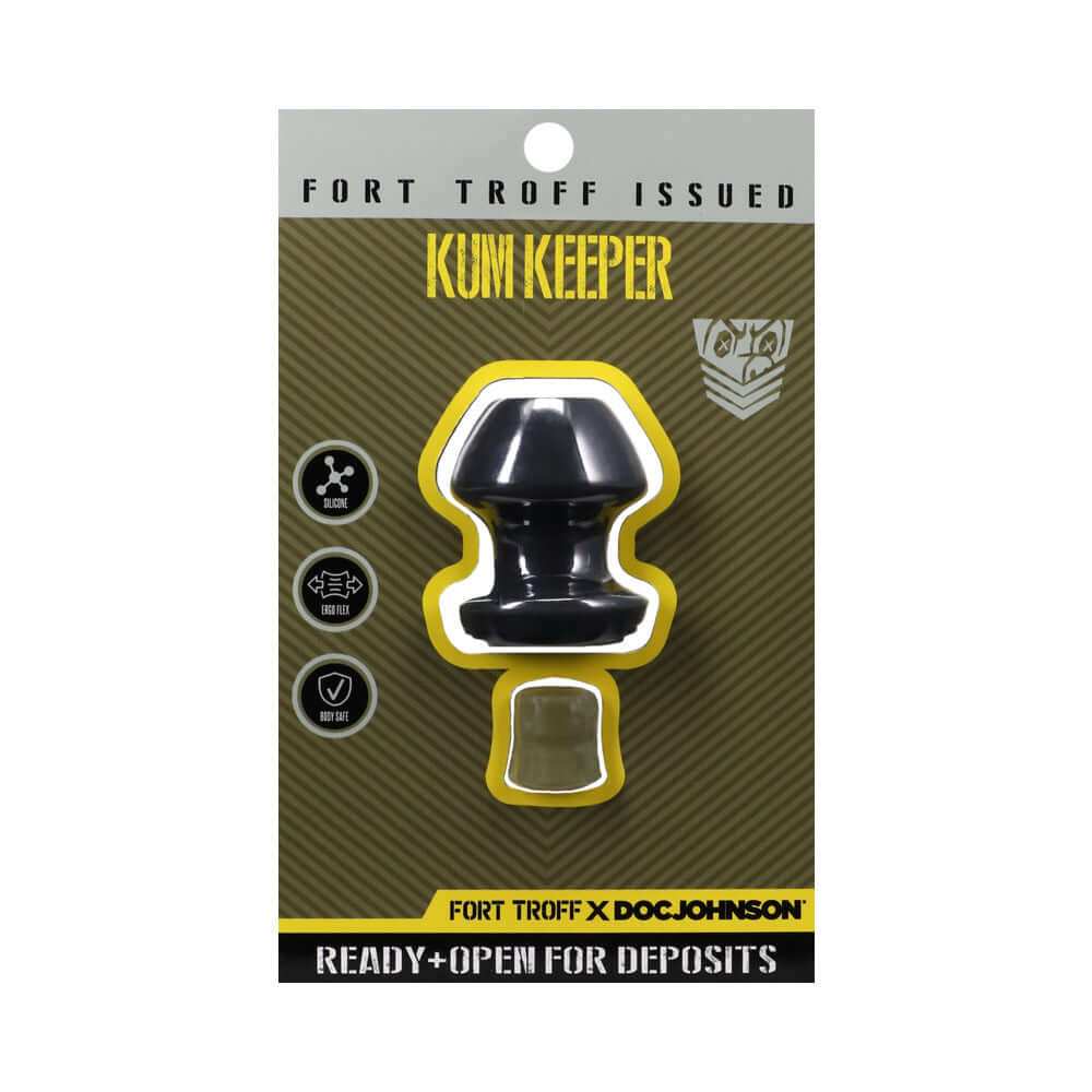 Fort Troff Kum Keeper Small Black packaging showing premium silicone retention plug with grommet design and removable stopper.