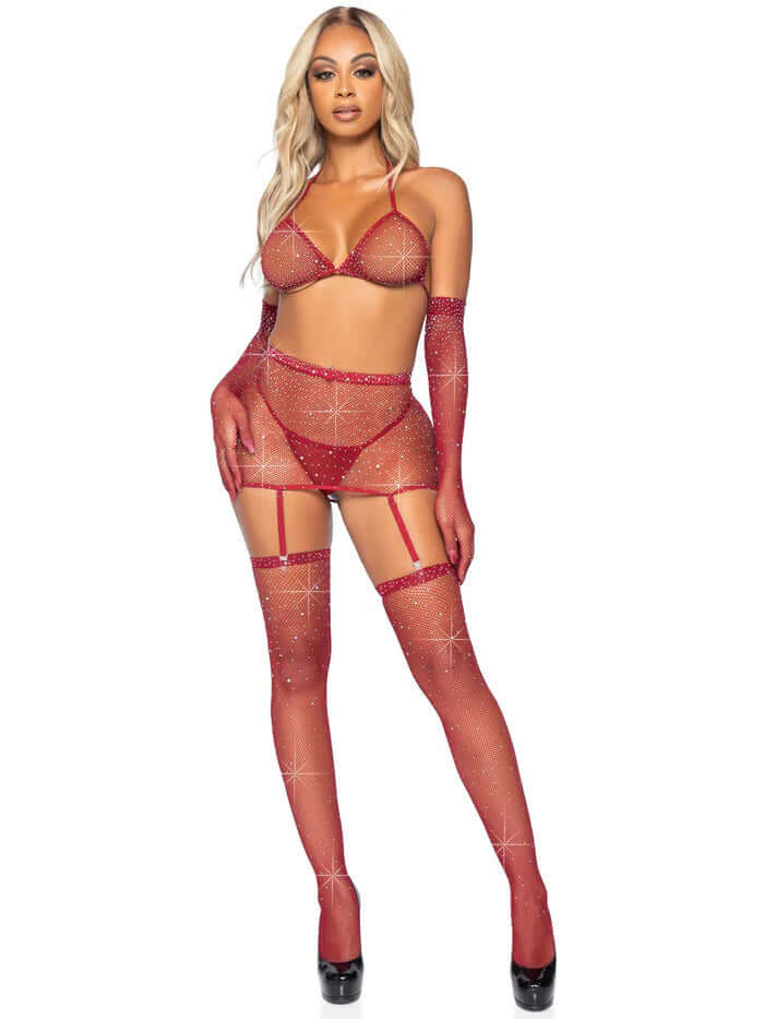 Leg Avenue 5 Pc Rhinestone Bikini Lingerie Set One Size Burgundy featuring glamorous rhinestone details and soft fishnet fabric.