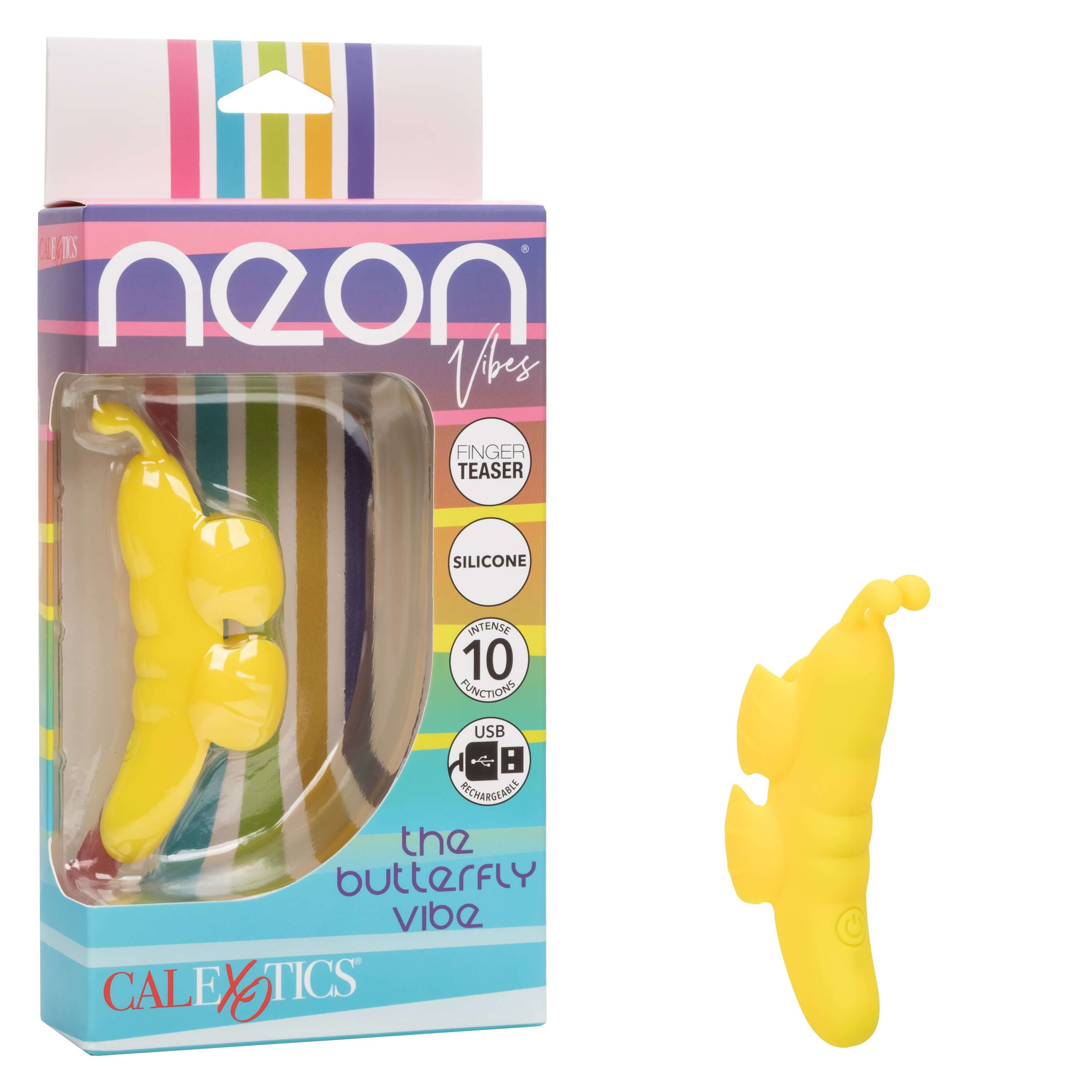 Neon Vibes the Butterfly Vibe Yellow in packaging, ergonomically designed finger teaser for precise stimulation.