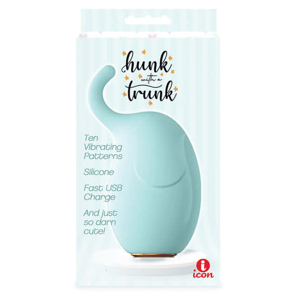 Buzzy Buddies Hunk With a Trunk clitoral stimulator in green packaging featuring ten vibrational patterns.
