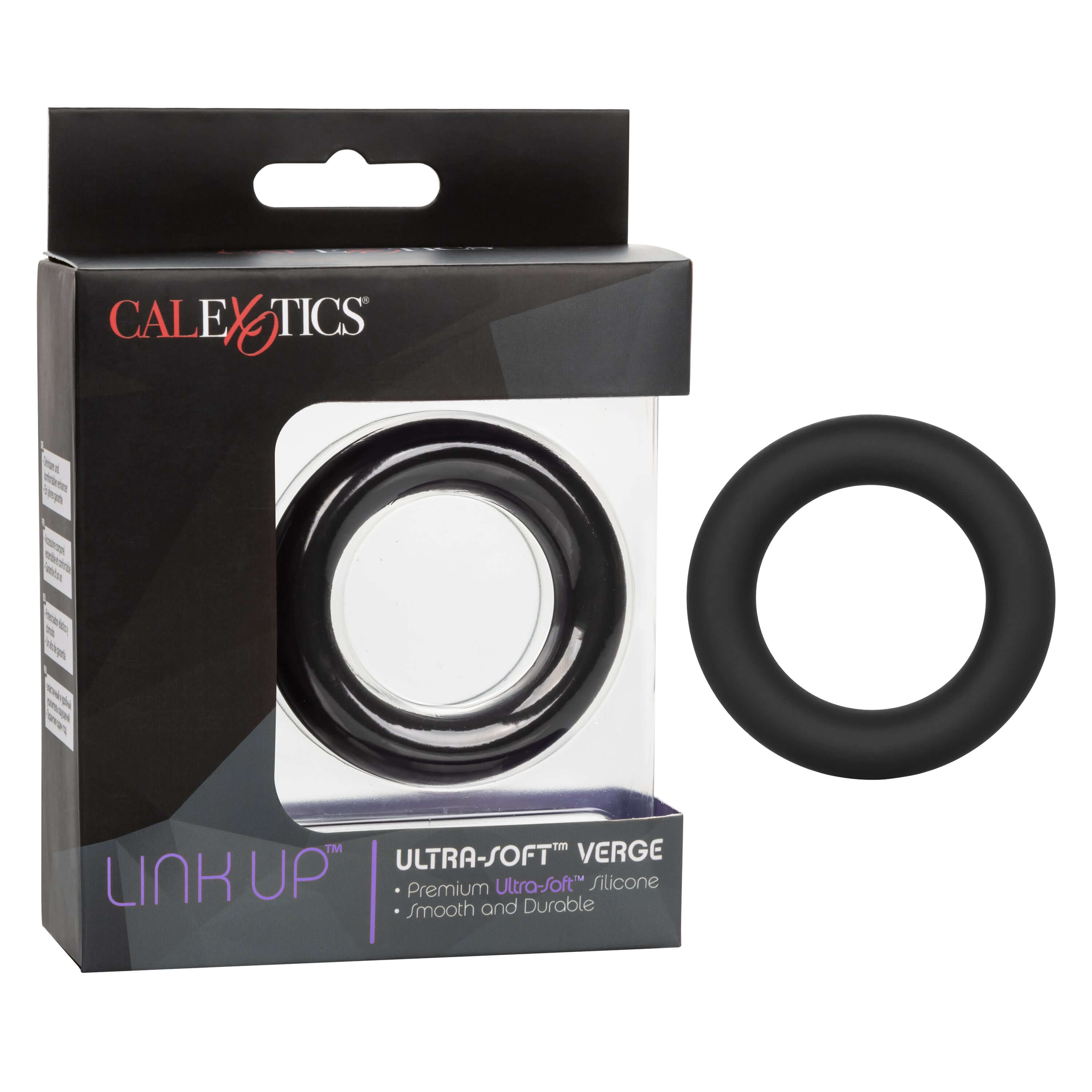Link Up Ultra Soft Verge Ring Black in packaging, made of premium Ultra-Soft™ silicone, smooth and durable.