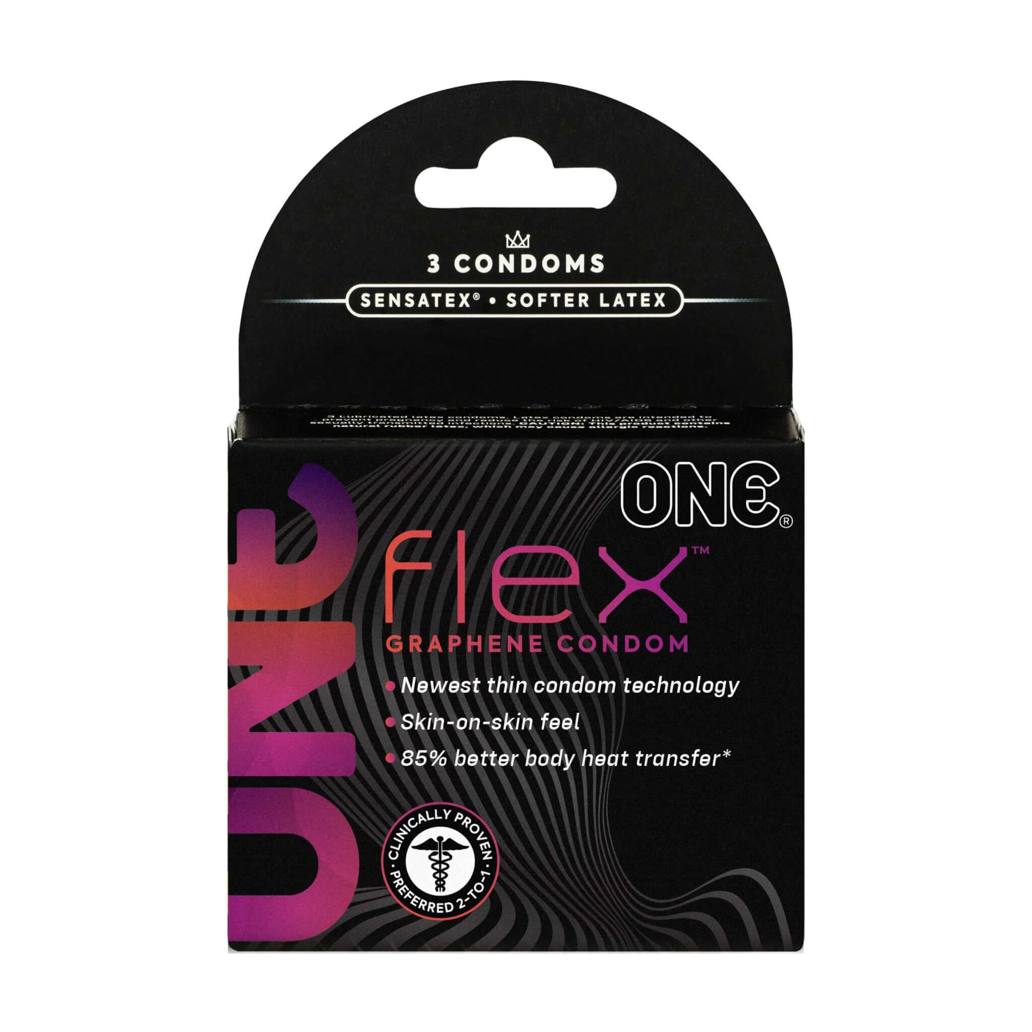 One Flex 3 Ct Condoms packaging showcasing graphene technology for ultra thin, flexible, and heat-conductive protection