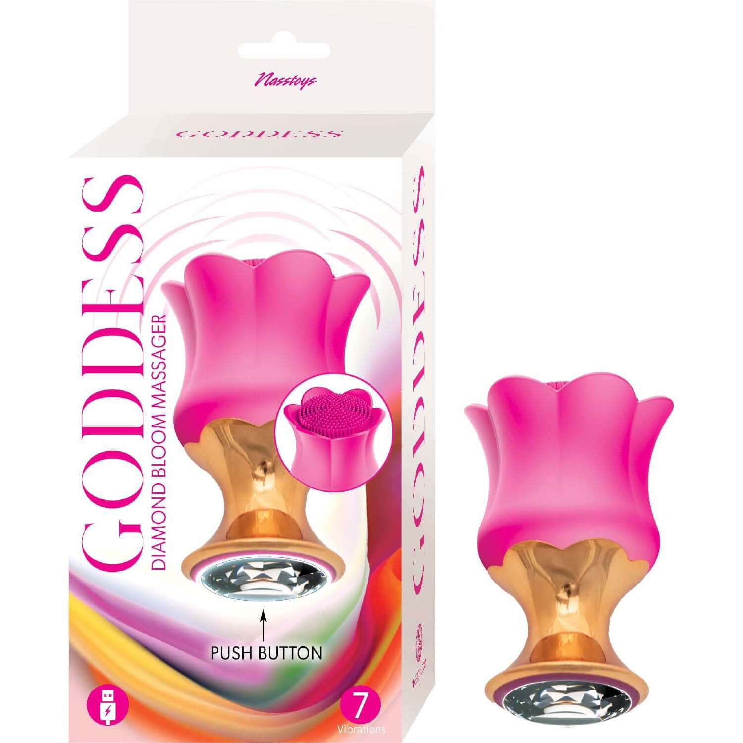 Fuchsia Goddess Diamond Bloom Massager with 7 vibrating functions, USB rechargeable, quiet motor, and flower-style textured stimulator.