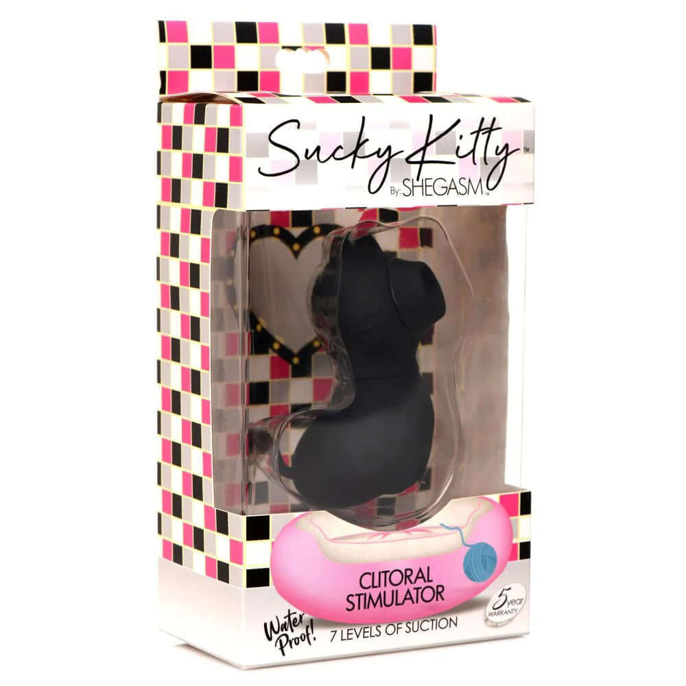 Sucky Kitty 7x Clitoral Stimulator Black in packaging showcasing its design and features for pleasurable clitoral stimulation.