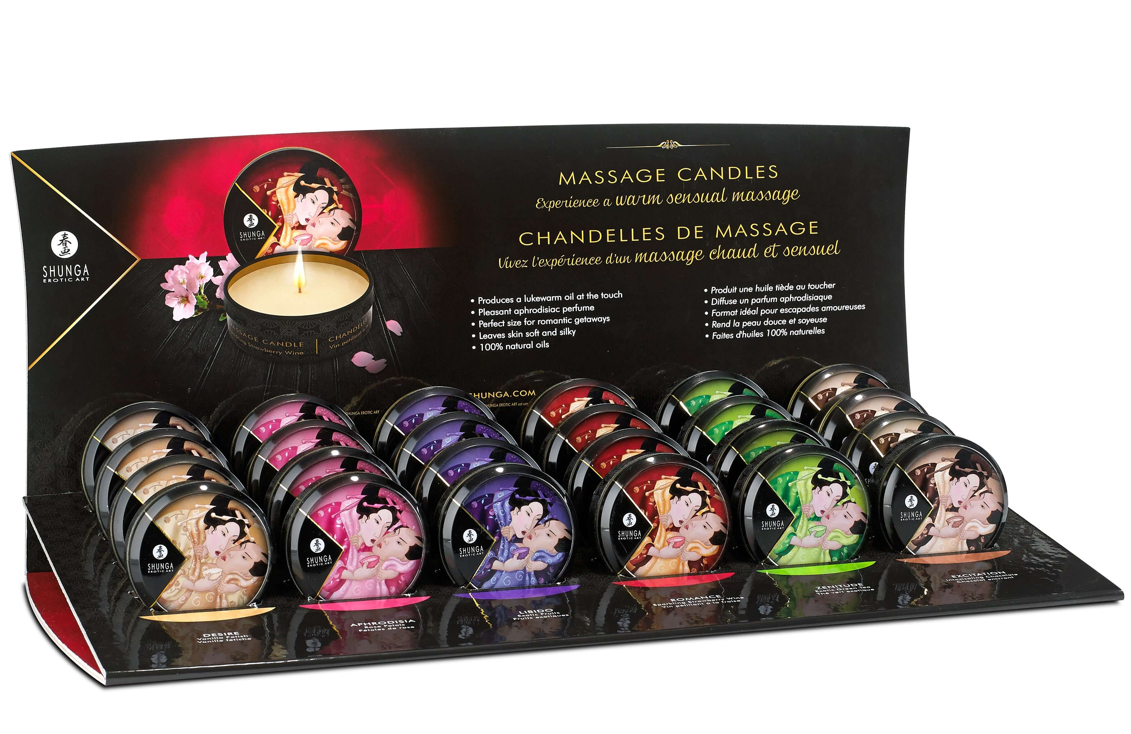 Shunga Mini Massage Candle Display 24 Count featuring various scents in a stylish retail setup.