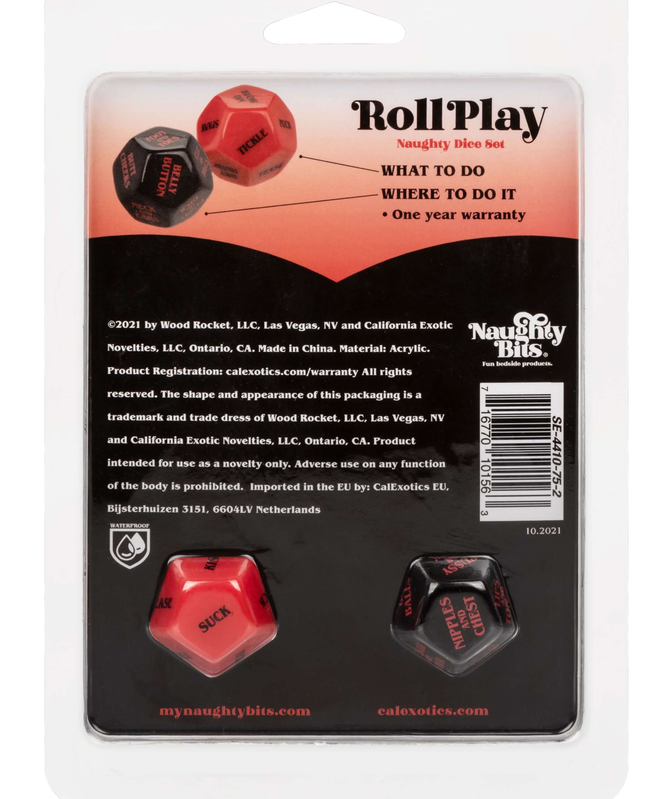 Naughty Bits Roll Play Naughty Dice Set packaging showcasing dice and instructions for couples' game.