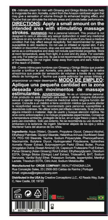 Orgie Touro Xxxl Power Cream for Him 15 ml product label with usage instructions and ingredients.