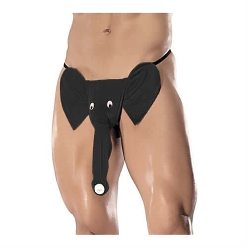 Squeaker Elephant G-String One Size Black displayed on a model, showcasing its playful elephant design with googly eyes.