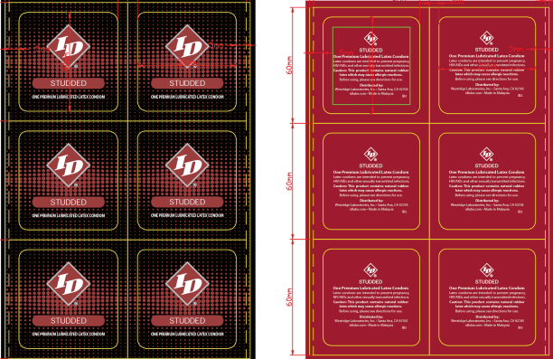 ID Studded Condoms Bag of 144 Pc packaging design featuring studded condom information.