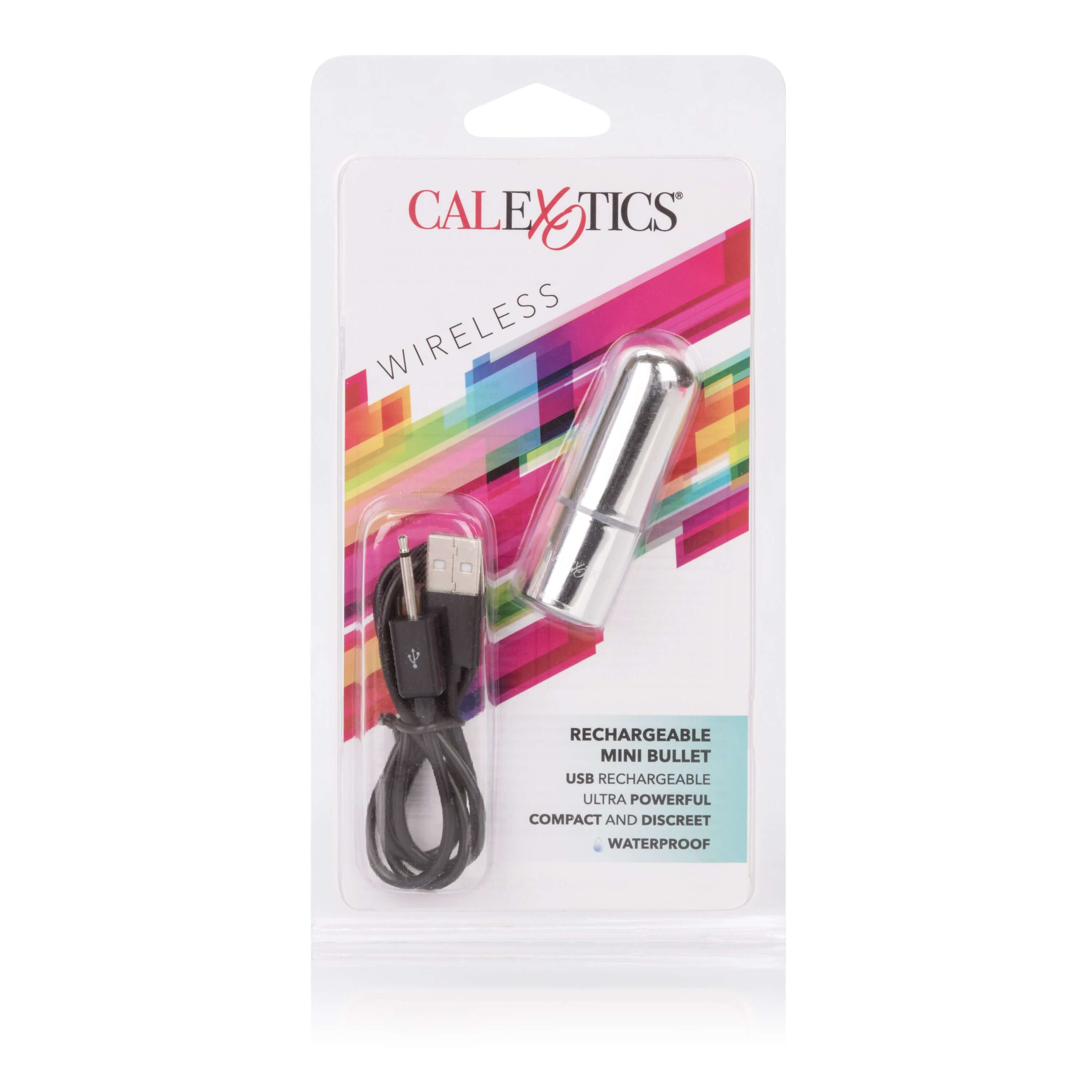 Rechargeable Mini Bullet Vibrator in packaging with USB charging cable, waterproof and compact design.