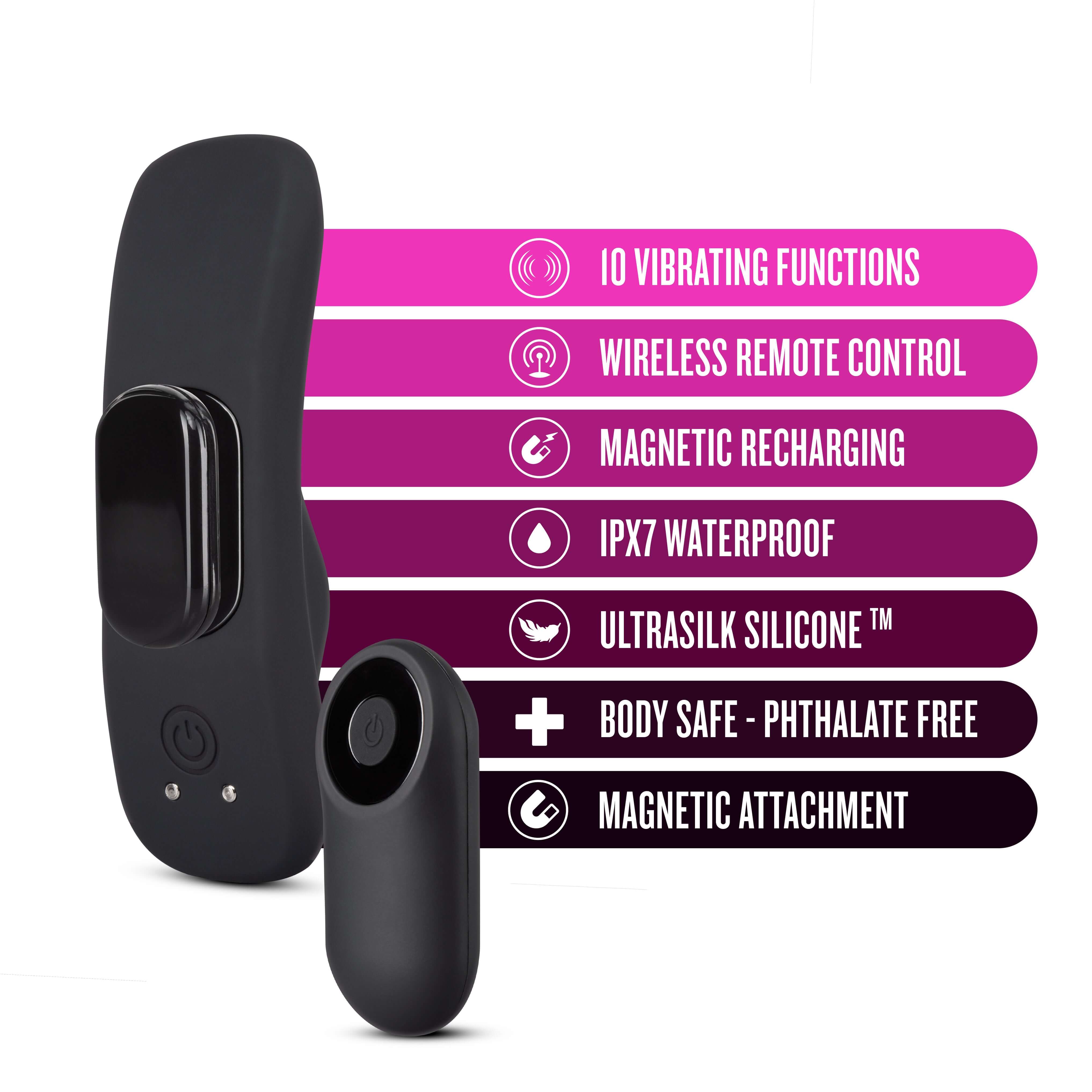 Temptasia Remote Control Panty Vibe showcasing features like 10 vibration functions, wireless remote, magnetic recharging, and waterproof.