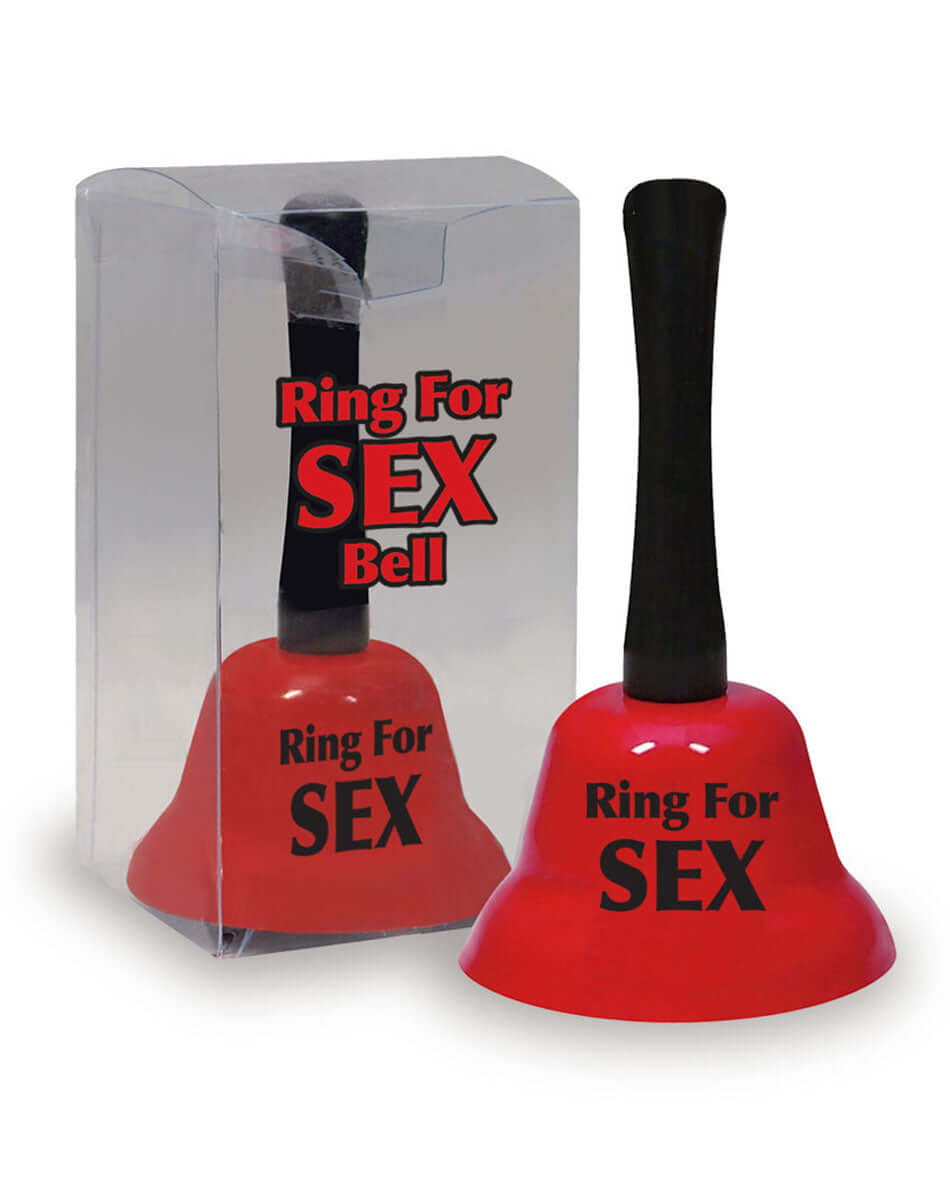 Red "Ring Bell for Sex" with black handle and packaging by Little Genie. Playful accessory for intimate moments.
