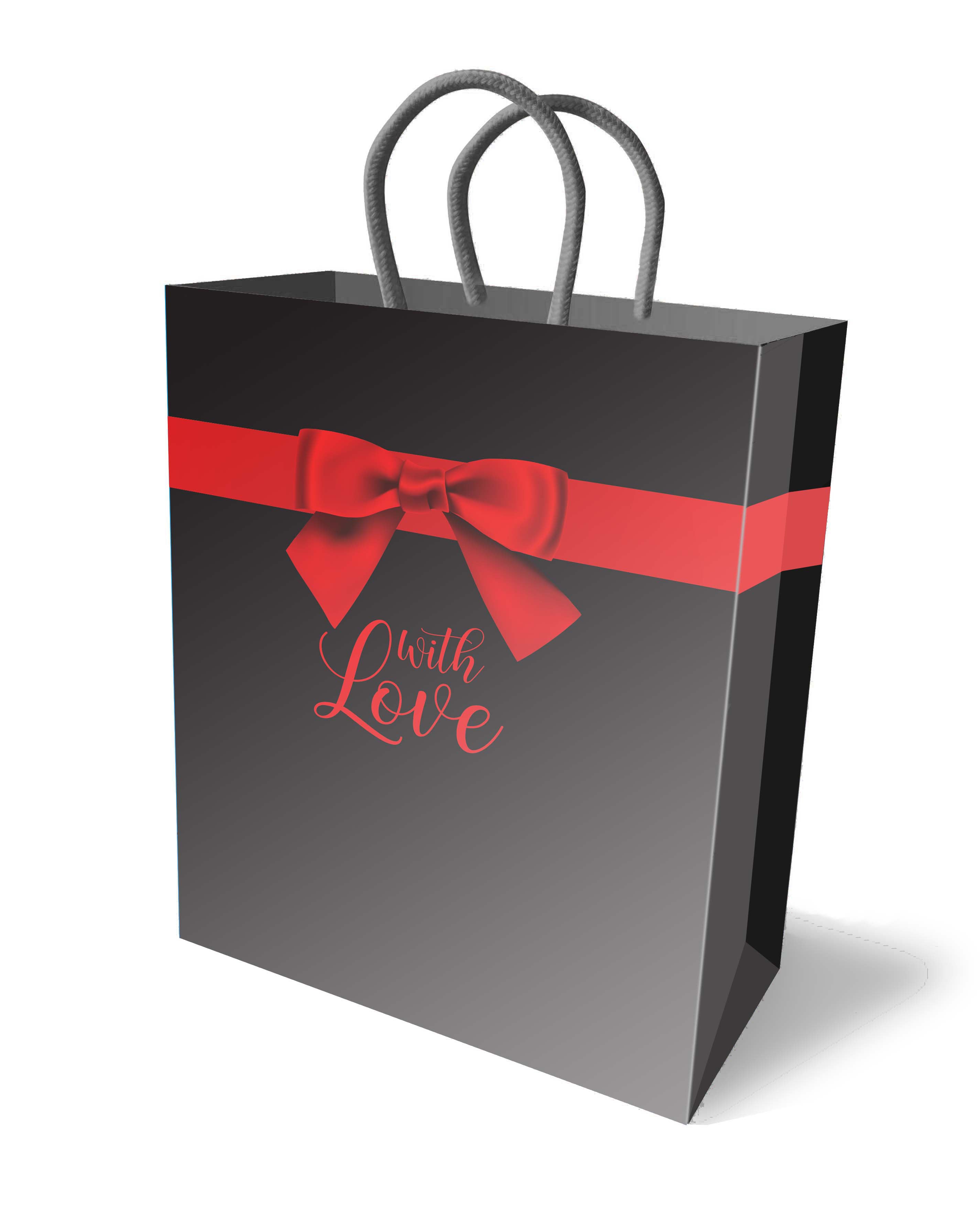 With Love Gift Bag Black featuring red bow, perfect for elegant gift presentation.