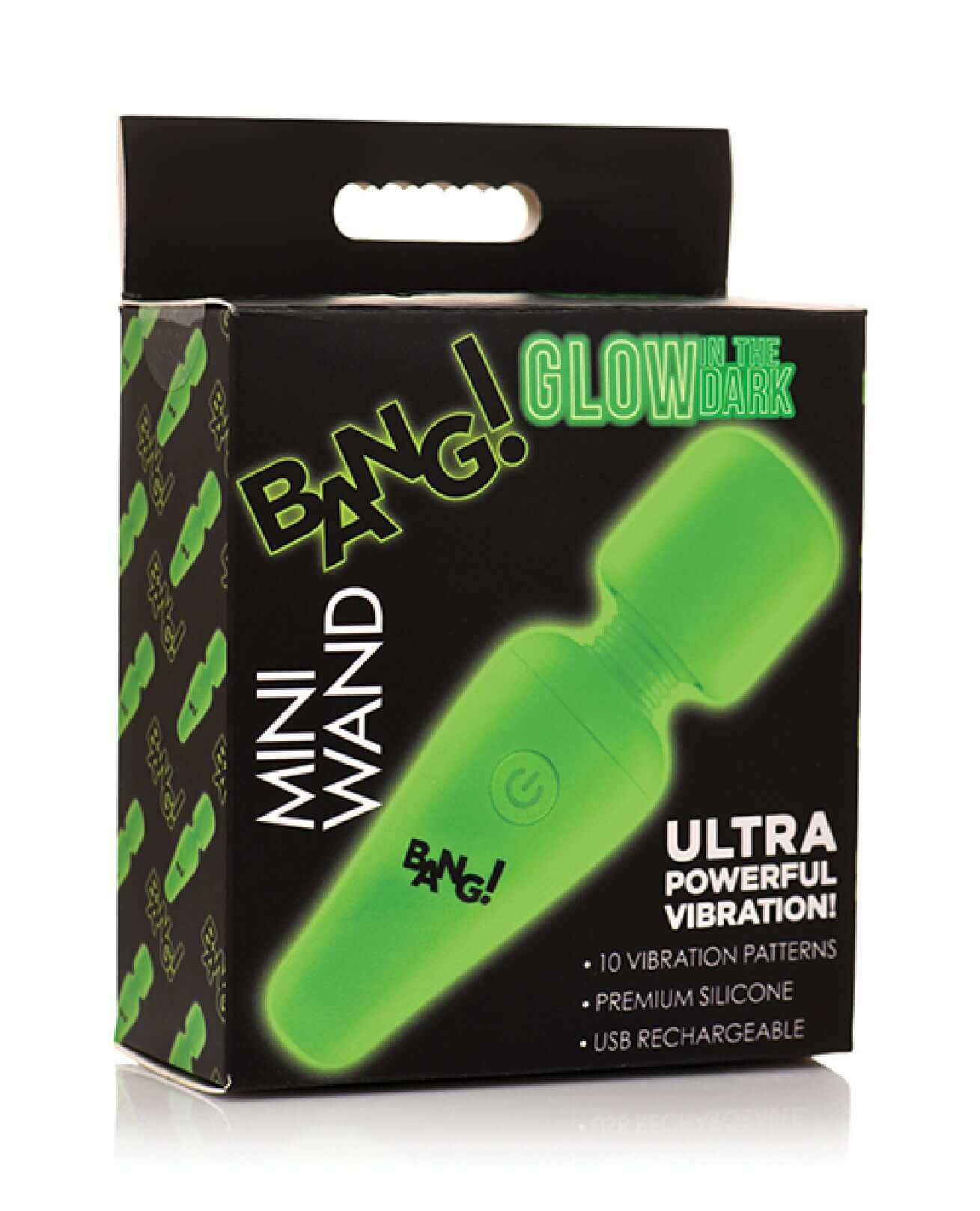 Glow in the Dark Mini Wand in Green, featuring 10 vibration patterns, premium silicone, USB rechargeable, ultra powerful vibrations.