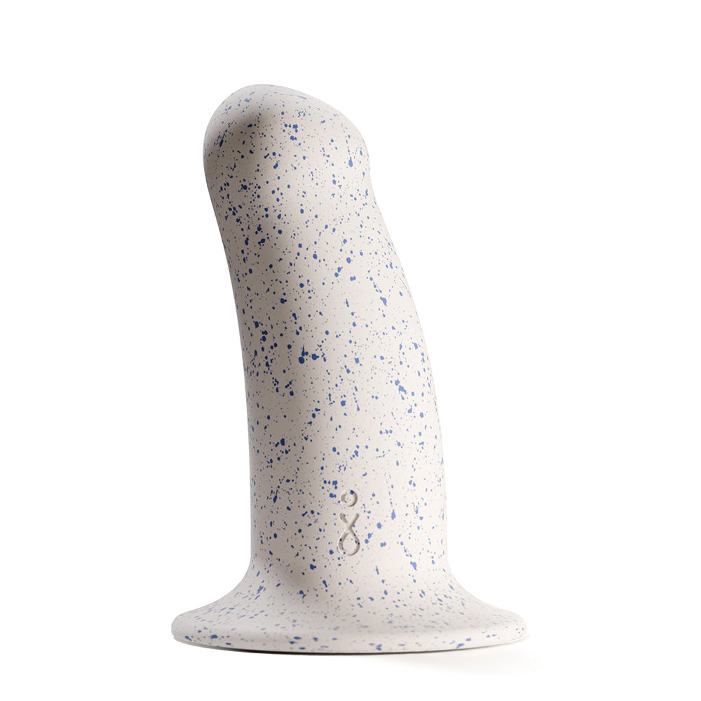 Biird Boo 5.5 Inch Soft Silicone Suction Cup Dildo Blue on a white background with blue speckles.