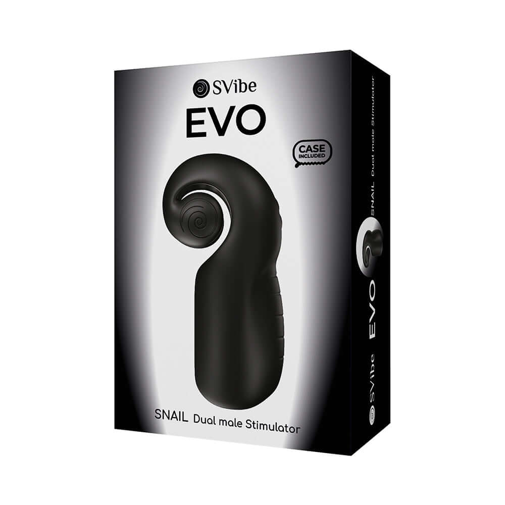 Svibe Snail Evo Dual Male Stimulator Black packaging showcasing its ergonomic design and features.