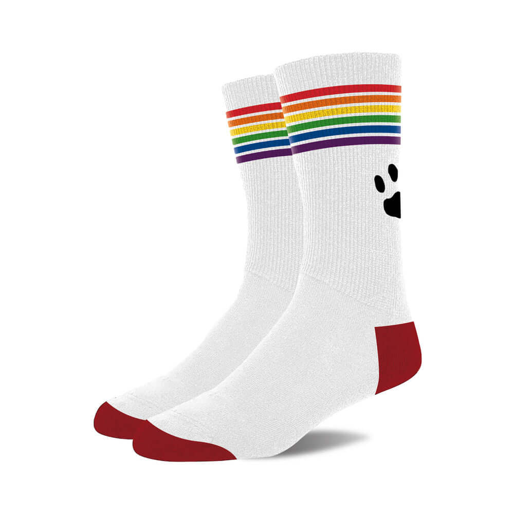 Prowler Pride Socks White with rainbow stripes and red accents for stylish and comfortable self-expression.