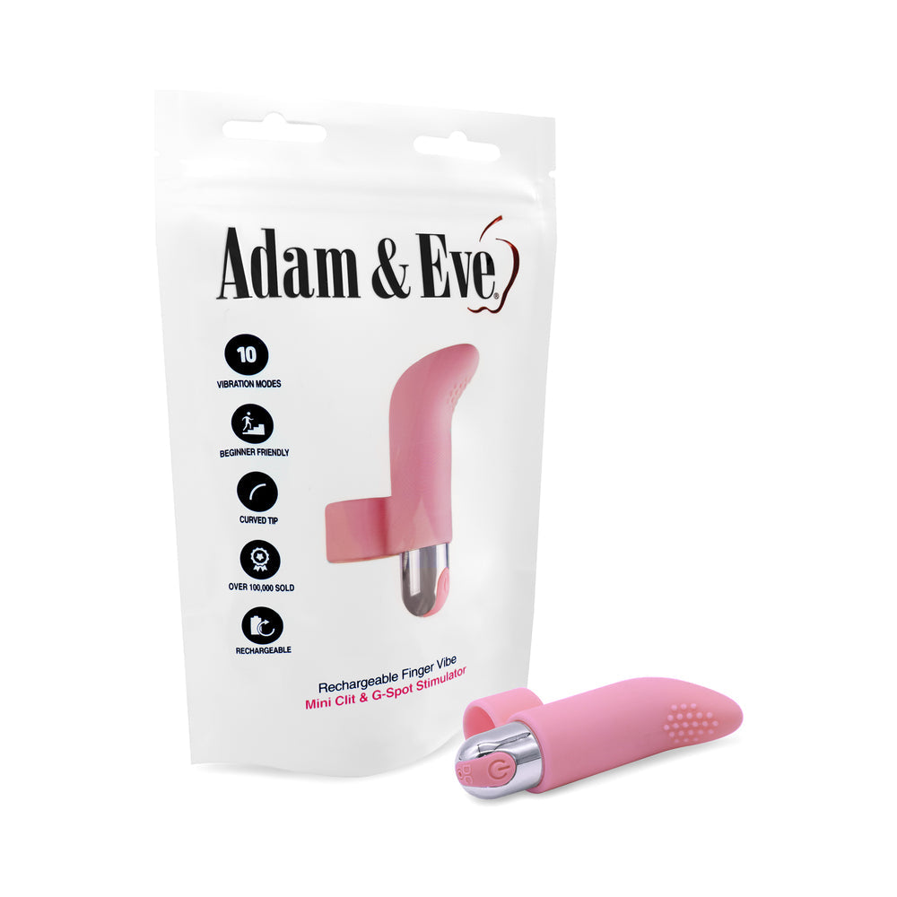 Adam & Eve Silicone Rechargeable Finger Vibe Light Pink packaging and product showing curved design for targeted stimulation.