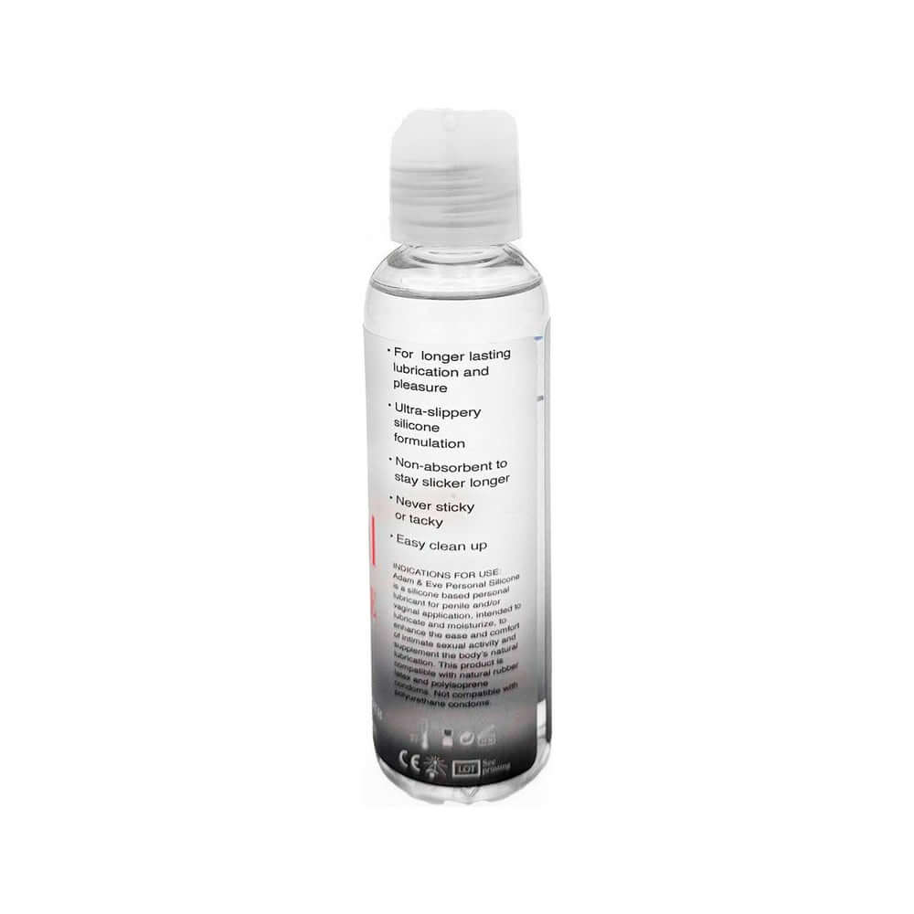 Adam & Eve Personal Silicone Lubricant 4 Oz bottle with informational label and easy cleanup instructions.