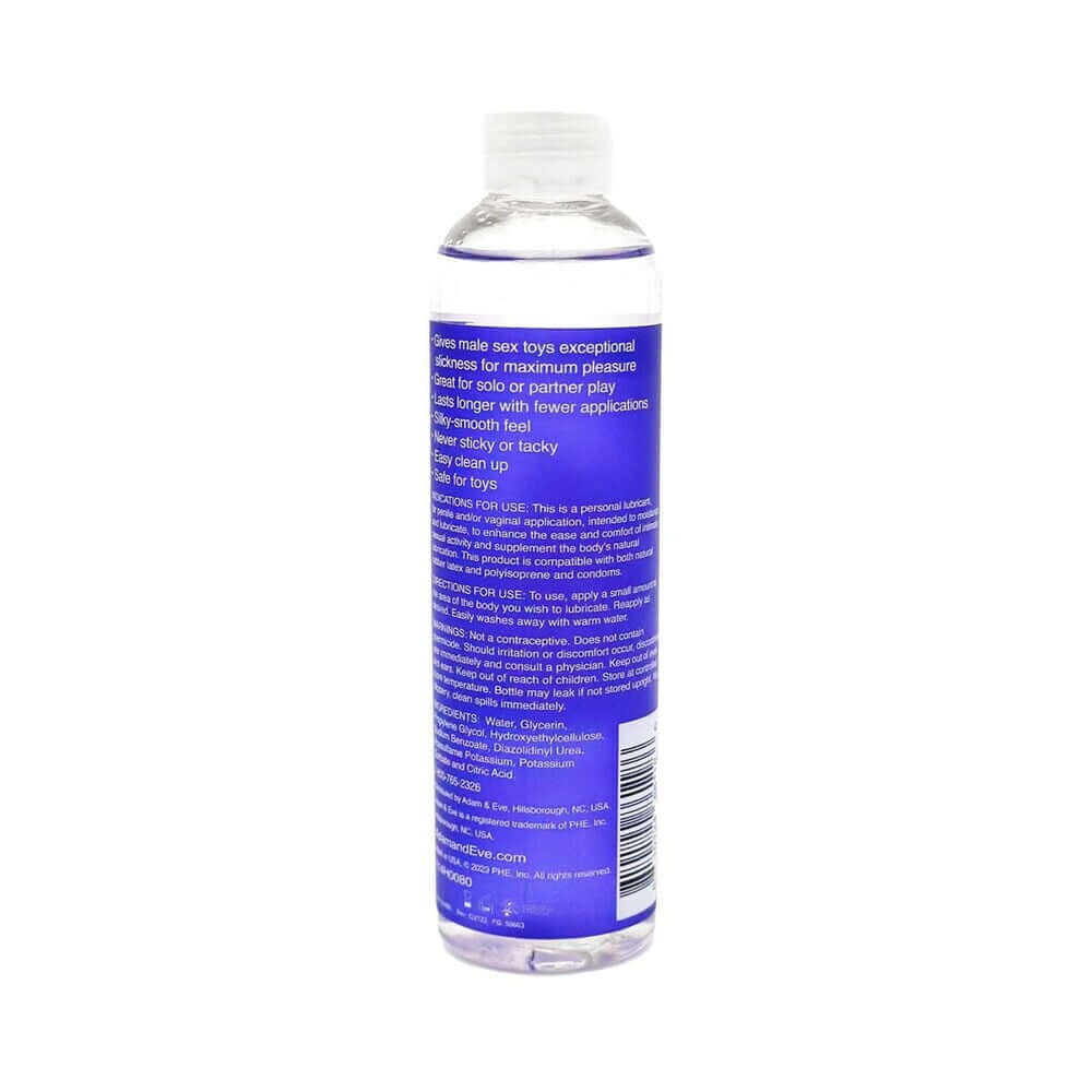 Adam & Eve Masturbator Lubricant 8 Oz bottle back view showing instructions and details.