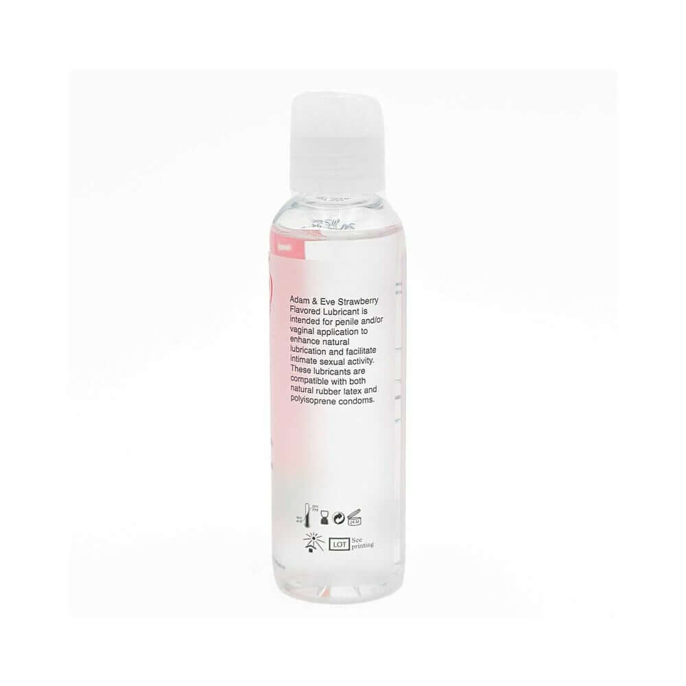 Adam & Eve Flavored Lubricant Strawberry 4 Oz bottle with clear water-based lubricant and ingredient label.