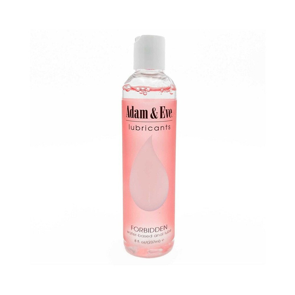 Adam & Eve Forbidden Water-based Anal Lubricant 8 Oz in a clear bottle with pink liquid.