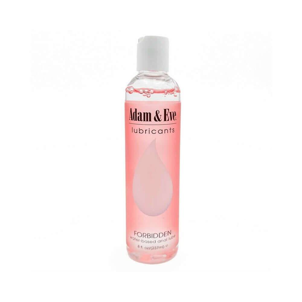 Adam & Eve Forbidden Water-based Anal Lubricant 8 Oz in a clear bottle with pink liquid.