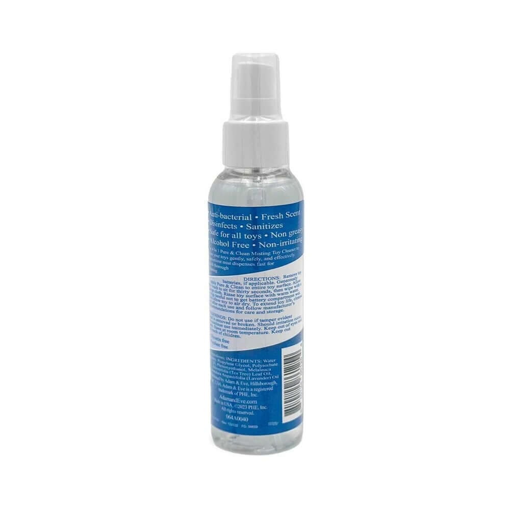 Adam & Eve 4 In 1 Pure & Clean Misting Toy Cleaner 4 Oz bottle with blue label and spray top