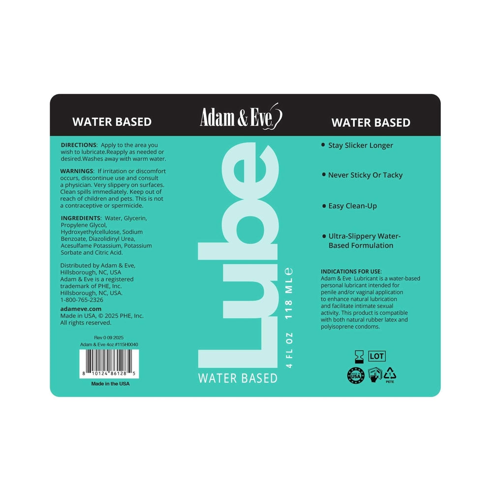 Adam & Eve Water-based Lubricant 4 Oz product label featuring usage instructions and ingredient list.