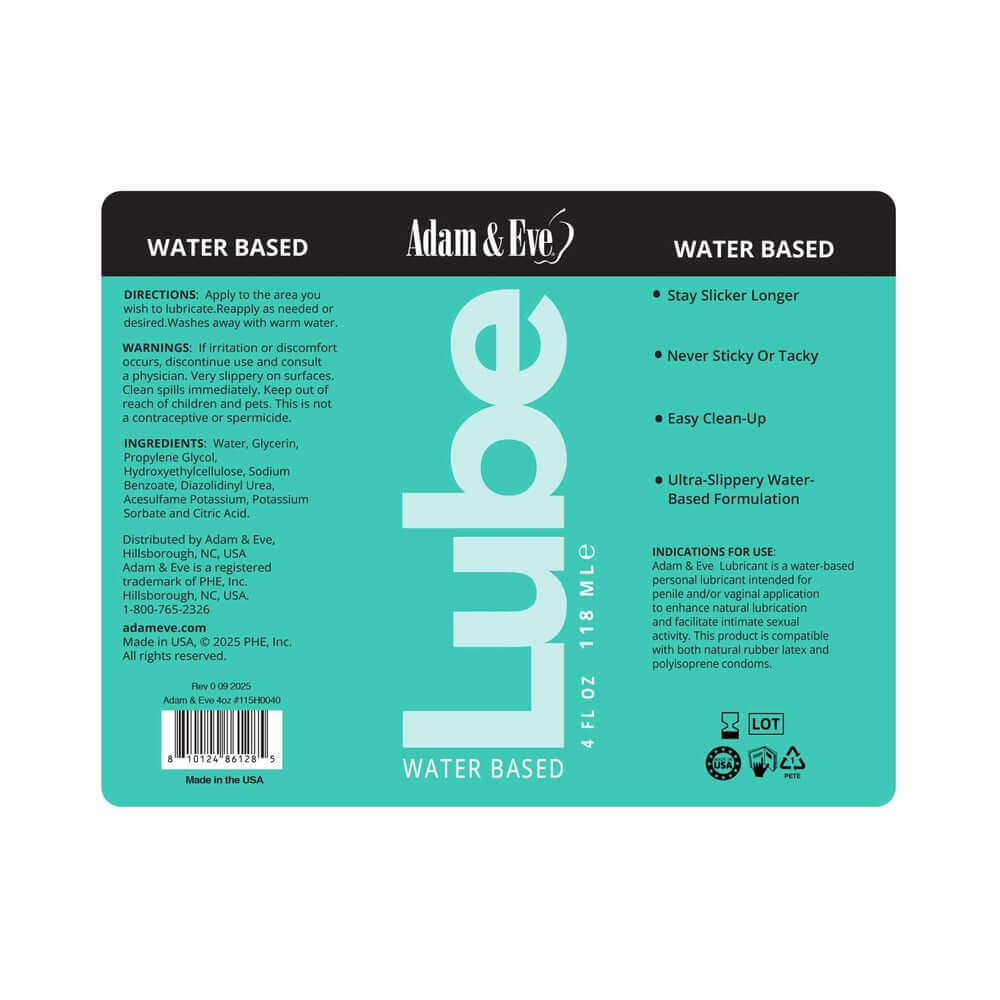 Adam & Eve Water-based Lubricant 4 Oz product label featuring usage instructions and ingredient list.