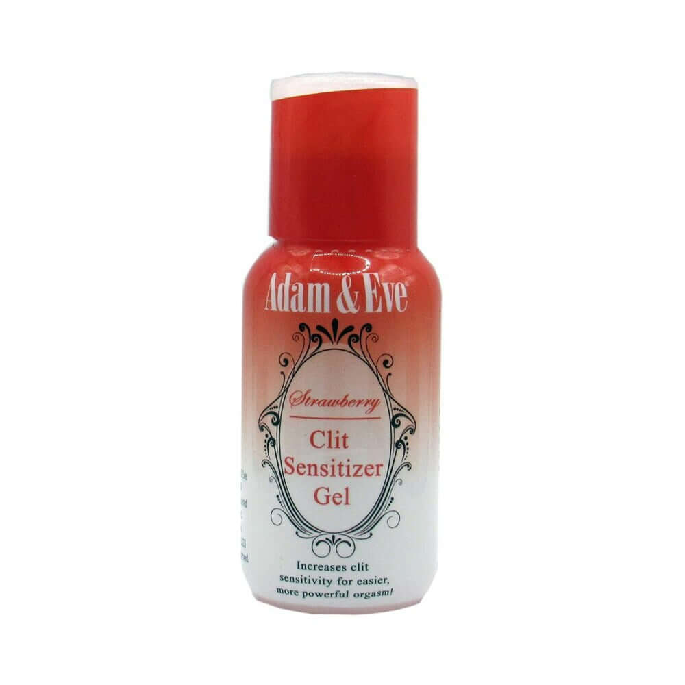 Adam & Eve Strawberry Clit Sensitizer 1 Oz bottle showcasing its water-based gel for enhanced sensitivity.