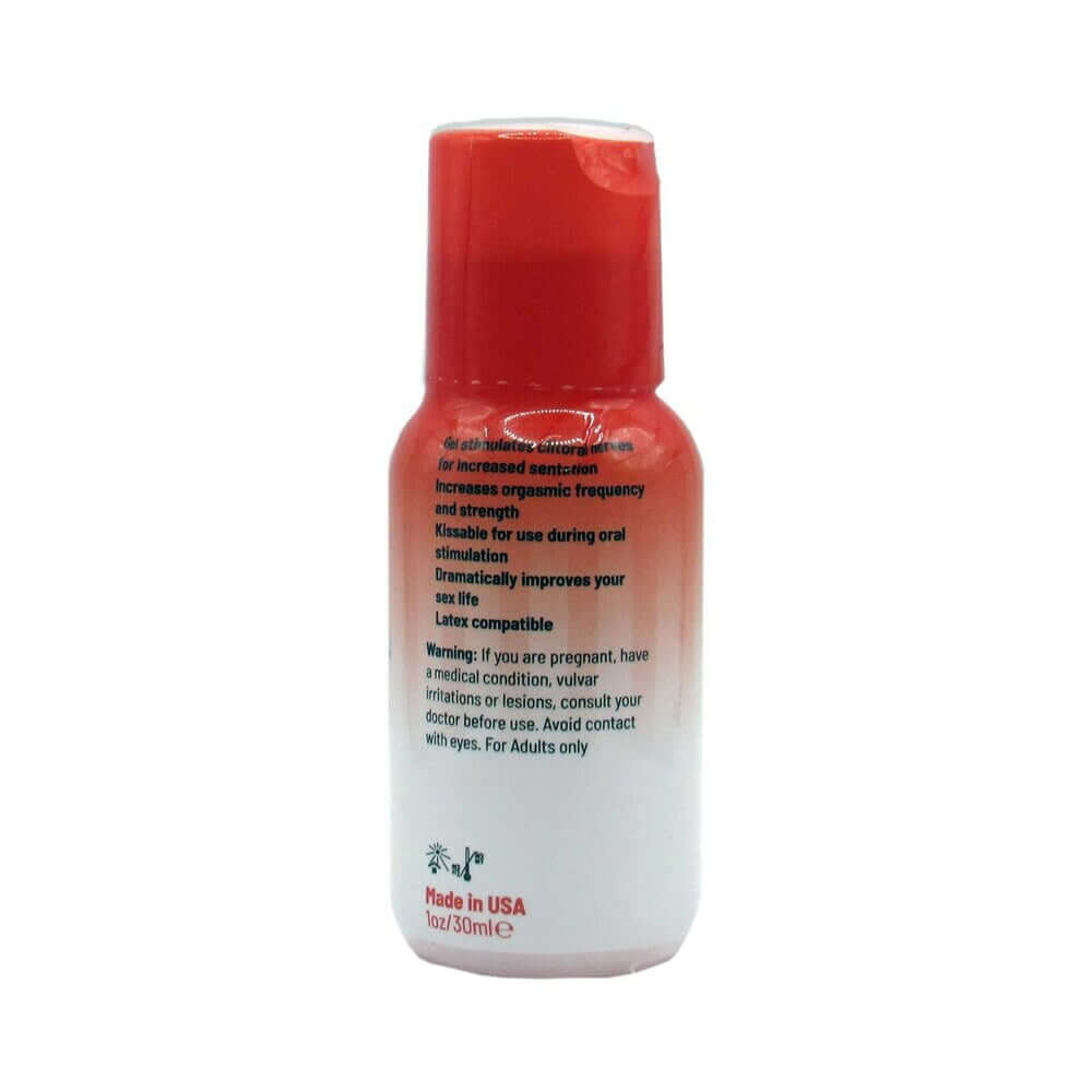 Adam & Eve Strawberry Clit Sensitizer 1 Oz bottle displaying usage instructions and warnings.