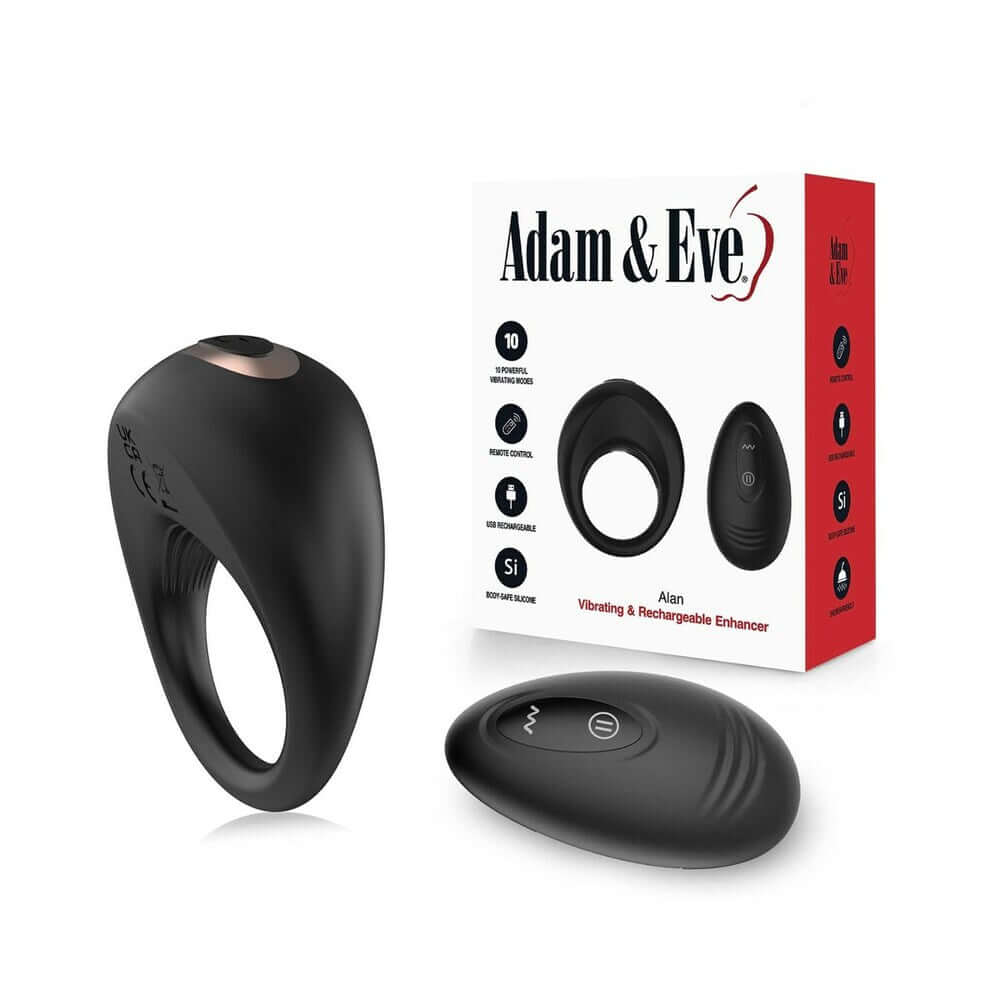 Adam & Eve Alan Vibrating Rechargeable Enhancer with remote control and packaging.