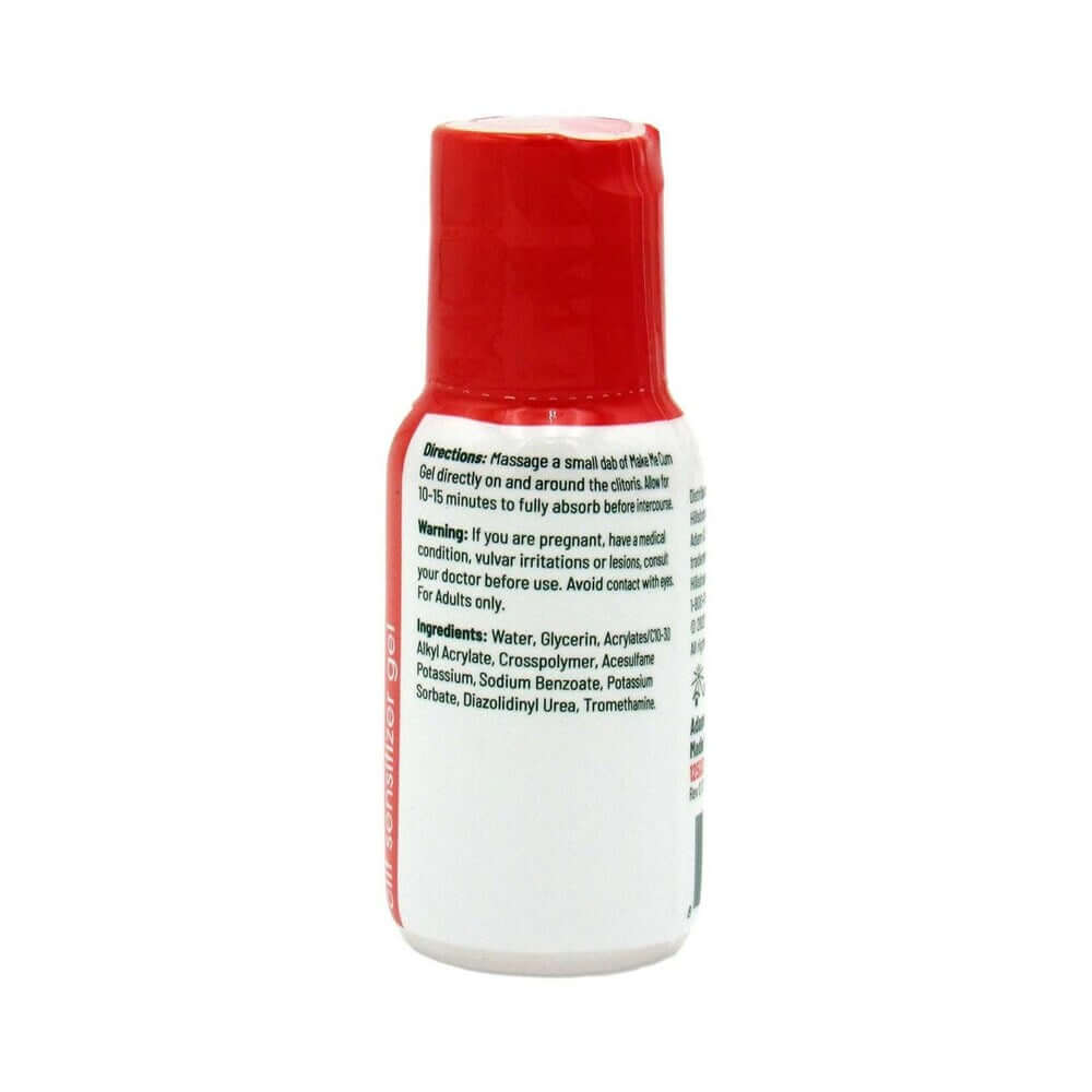Adam & Eve Make Me Cum Clit Sensitizer Gel 1 Oz bottle back view with ingredient list.