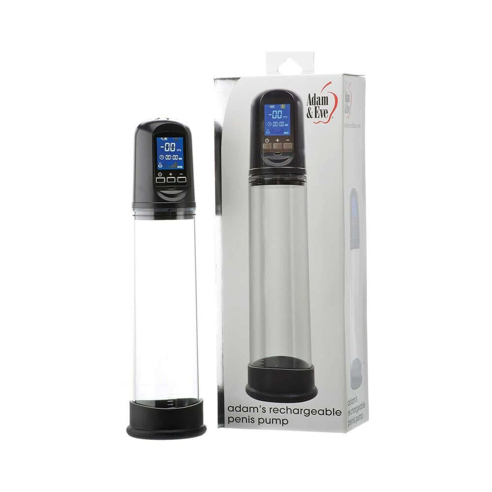 Adam & Eve Adams Rechargeable Penis Pump with digital display and packaging, showcasing an advanced enhancement device.