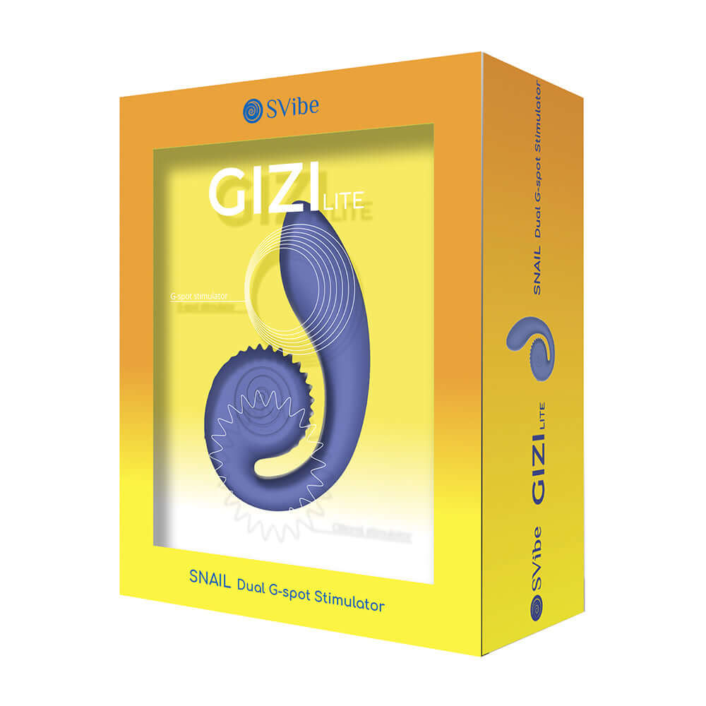 Svibe Snail Gizi Lite Dual G-spot Vibrator Juicy Blueberry packaging showcasing the ergonomic design and features.