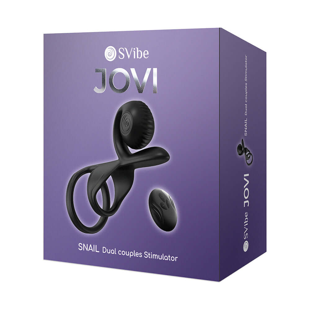 Svibe Snail Jovi Dual Couples Ring Vibrator Black box packaging view showcasing the product design and branding.