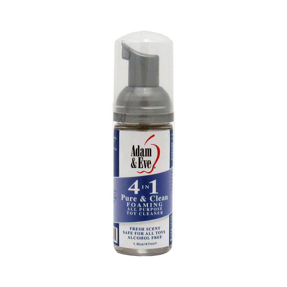 Adam & Eve 4 In 1 Pure & Clean Foaming Toy Cleaner 1.6 Oz in a pump bottle for sanitizing personal wellness products.
