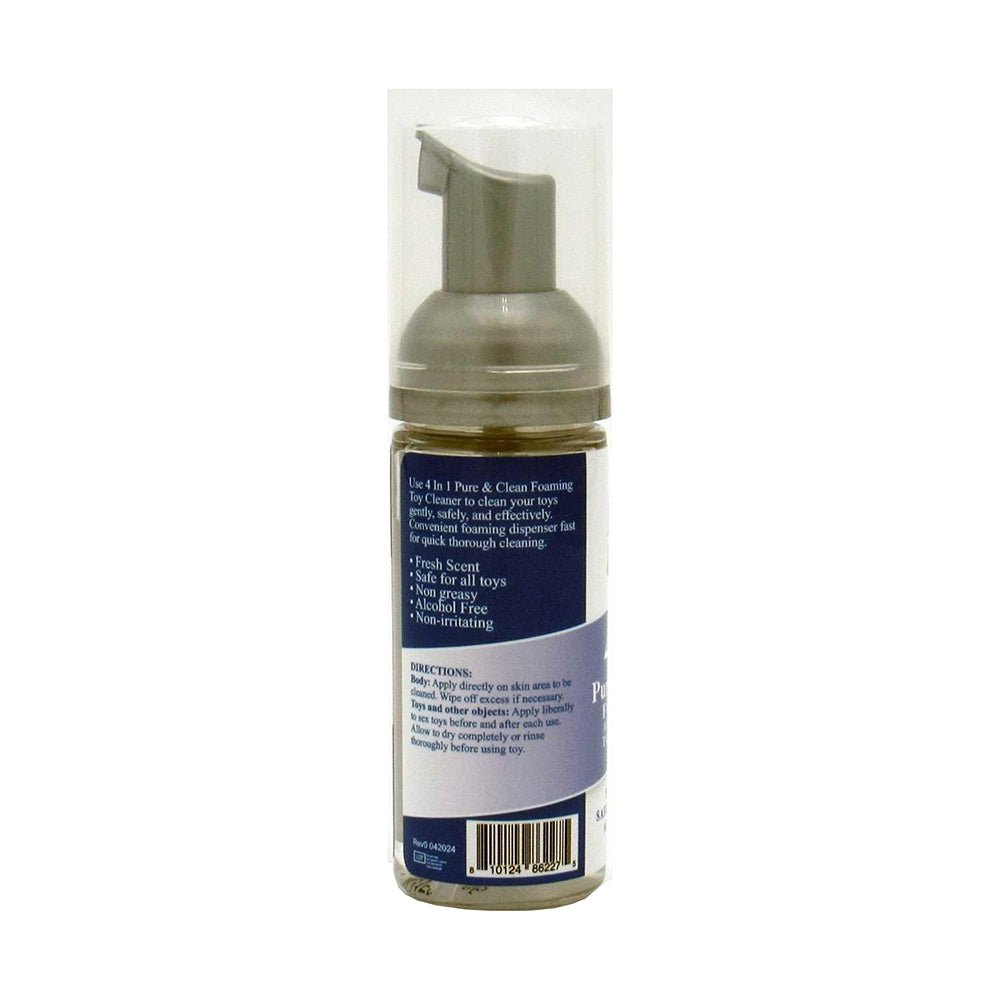Adam & Eve 4 In 1 Pure & Clean Foaming Toy Cleaner 1.6 Oz in a clear bottle with pump dispenser.