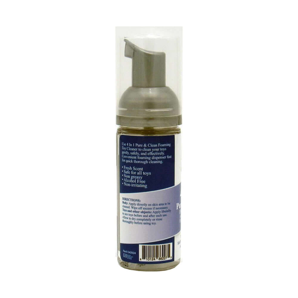 Adam & Eve 4 In 1 Pure & Clean Foaming Toy Cleaner 1.6 Oz in a clear bottle with pump dispenser.