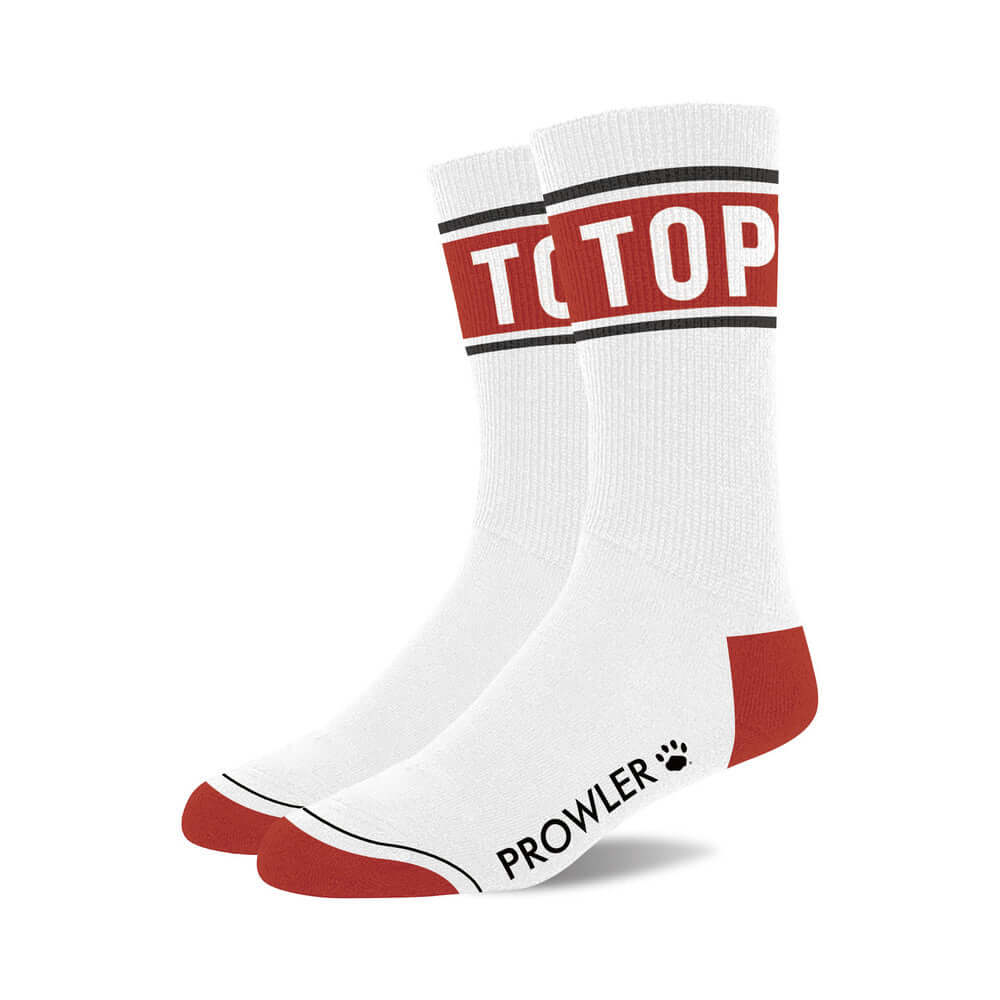 Prowler Top Socks in white with red accents, featuring bold 'TOP' text for a fun and sporty look.