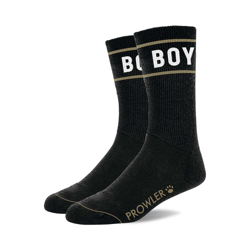 Prowler Red Boy Socks featuring an all-black design with a bold 'Boy' graphic and Prowler branding.