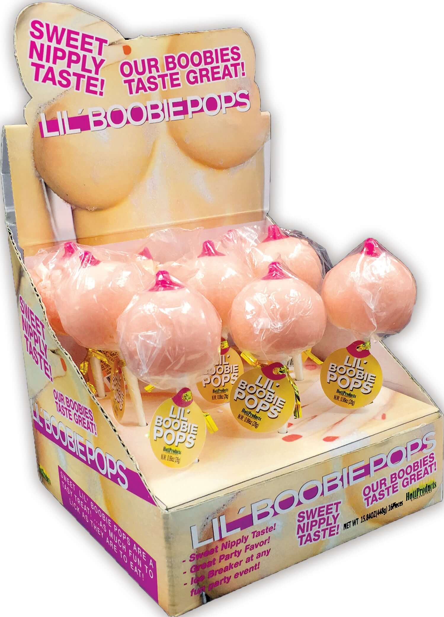 Colorful Lil Boobie Pops 9 Piece Display featuring boobie-shaped lollipops, perfect for adult parties and gift displays.