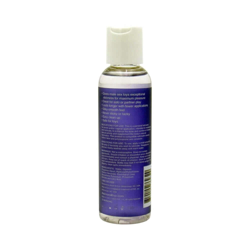 Adam & Eve Masturbator Lubricant 4 Oz bottle back view with usage instructions and ingredients.