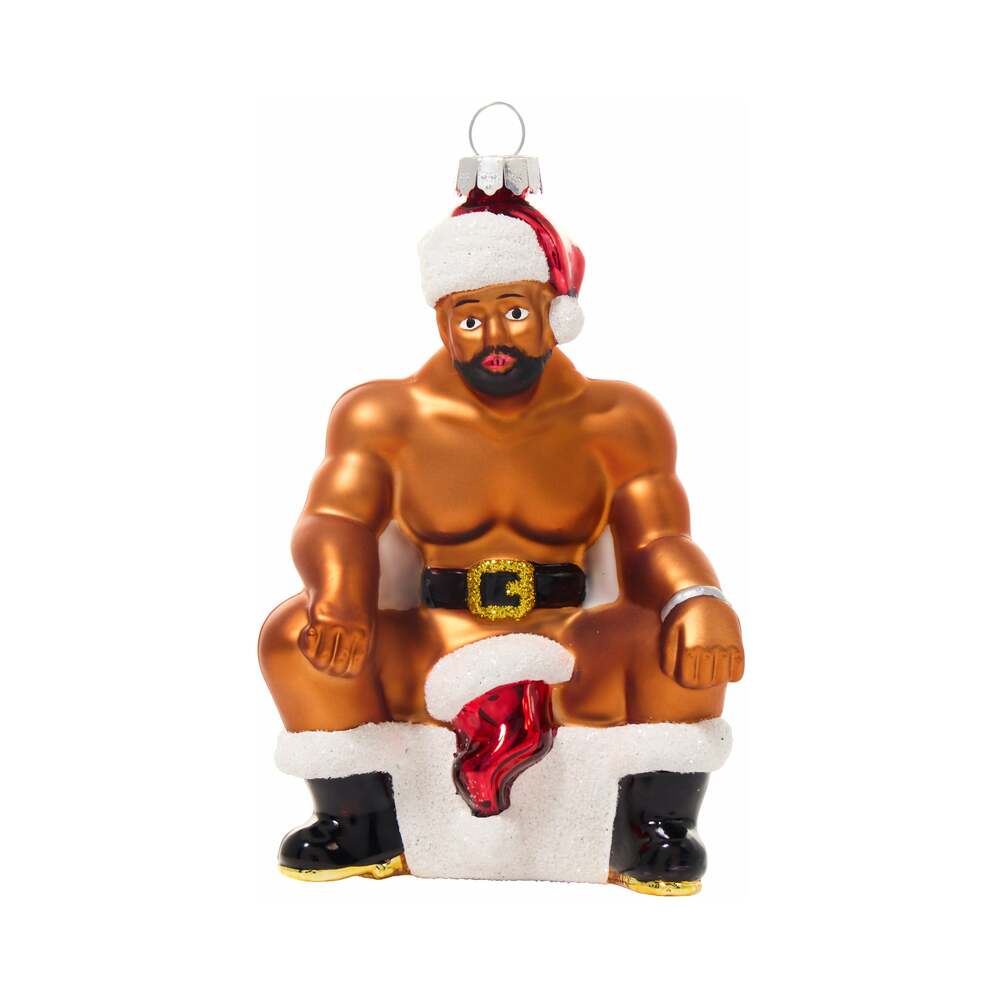Cheeky Pornament Boss Hog Glass Christmas Ornament featuring a fun, festive character in a Santa hat.